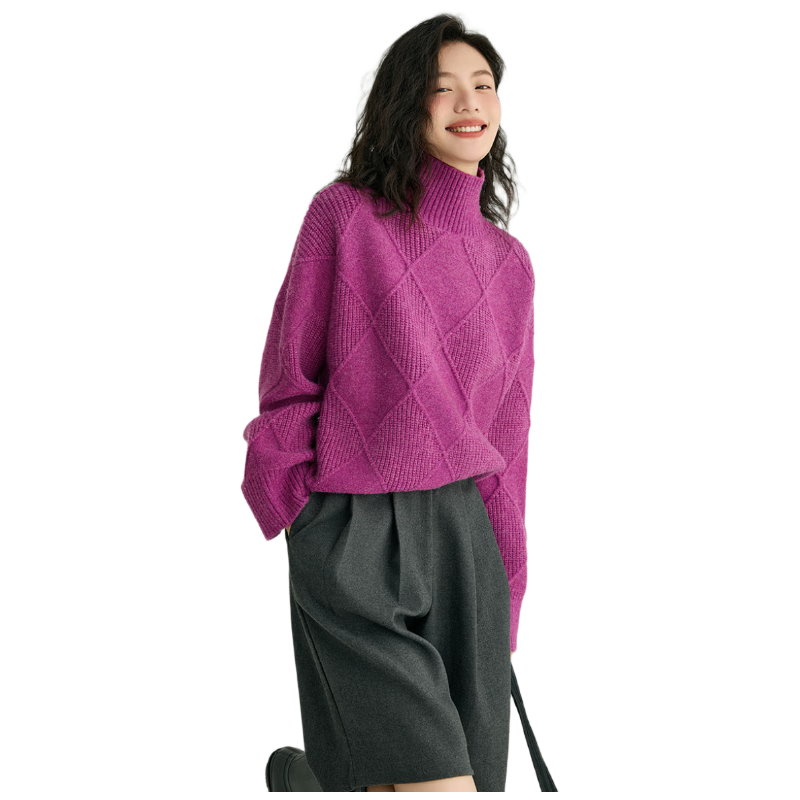 Demana Slightly Drunk Knitwear Stylish Diamond Pattern Slim Fit Sweater for Women Purple Red M