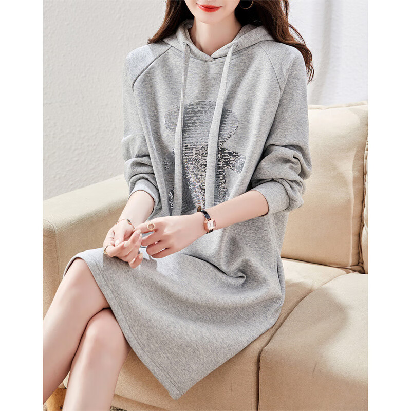 Dme [Embroidered Sweatshirt Dress], Winter Hooded Straight-Leg Sequin H-Type Dress for Women, Gravel Color, Size S
