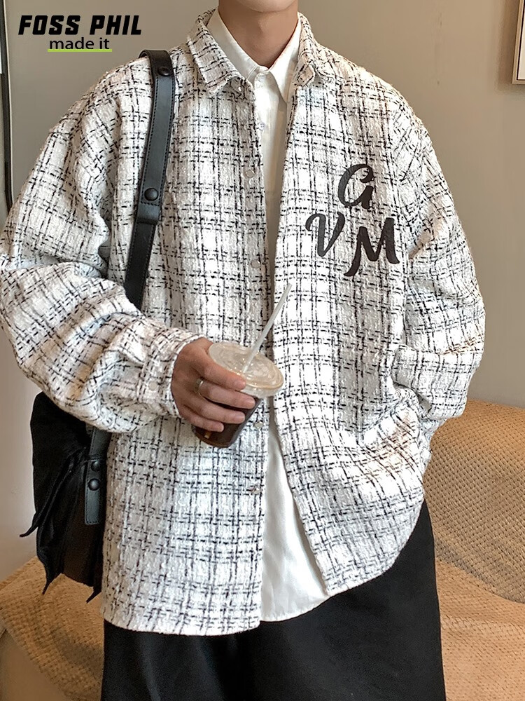 Foss Phil Men's Jacket, Spring And Autumn Fashion Brand Chanel-Style Coat, Plaid Lapel, Korean Version Loose Outerwear, FPJK10 Black M 14