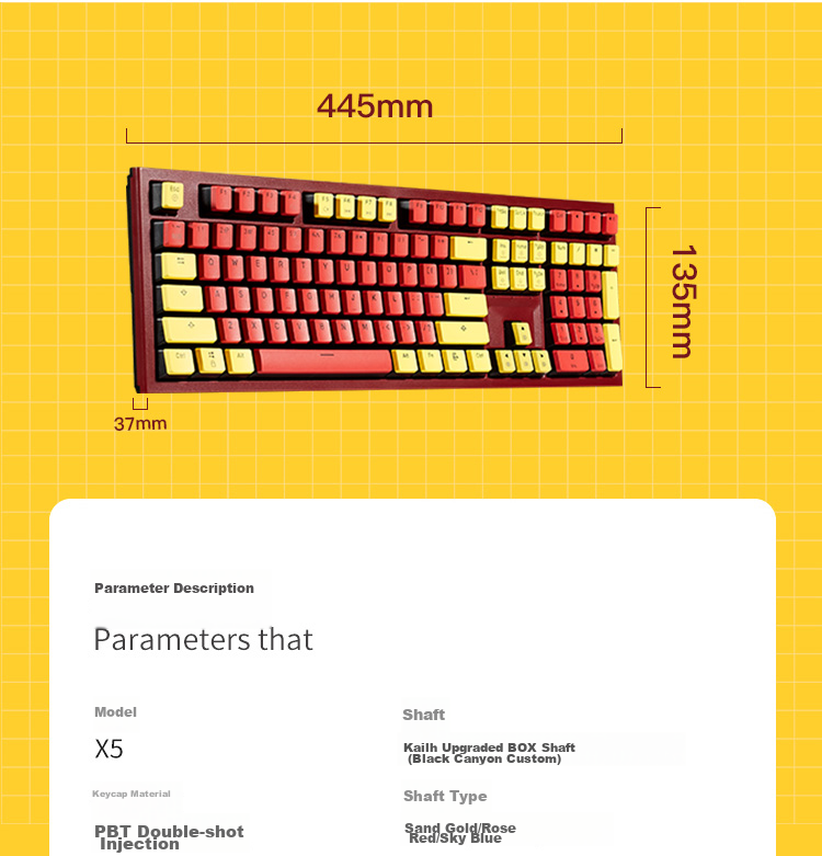 Hyeku X5 Wired/wireless 2.4G Dual-Mode Mechanical Keyboard with 108 Keys, PBT Keycaps, Tequila Sunrise Color, Kehua BOX Sky Blue Switches, with Clip And Wrist Rest 22