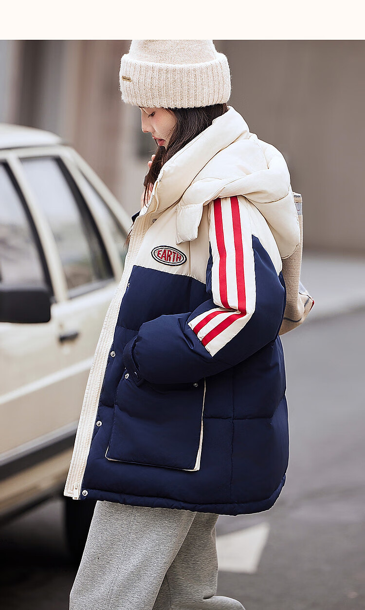 Dme [Xueji Lian Dong] Winter Warmth 90% Duck Down Hooded Windproof Stand Collar Contrasting Color Letter down Jacket Women's Coat 11