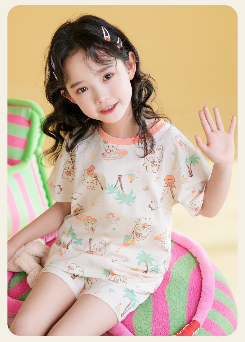 Fenteng Kids Pajamas Girls 100% Cotton Summer Round Neck Loose Cartoon Short Sleeve Shorts Homewear 25