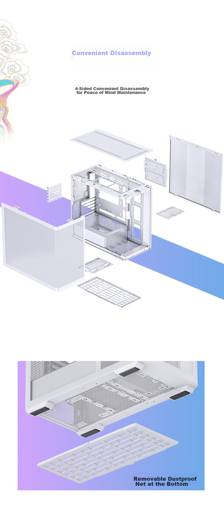 JONSBO D300 White MATX Case (Pillarless Curved Panoramic Design, 360mm Radiator Support, ATX PSU, 10 Fan Positions, Type-C Gen2 10Gbps+) 7
