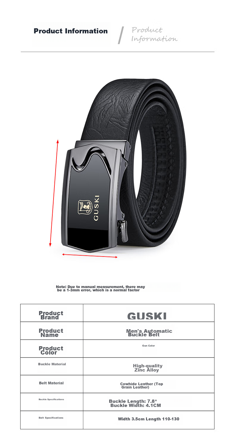 GUSKI Brand Men's Leather Belt with Automatic Buckle, Top-Grain Cowhide Waistband, Gift Box, Birthday Present for Boyfriend Or Husband 16