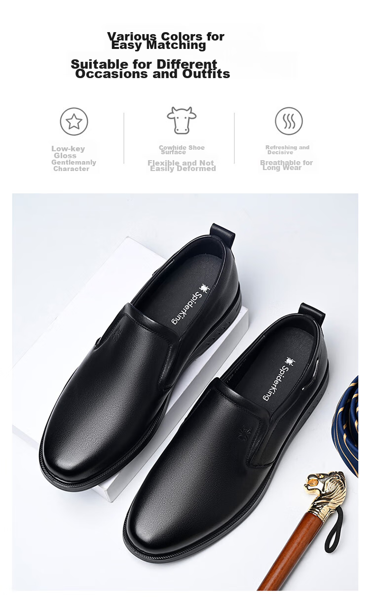 SPIDER KING Men's Leather Shoes, Spring And Autumn Cowhide, British Style Business Casual Slip-On Soft-Soled Dad Shoes, 22691 Black, Size 44 9