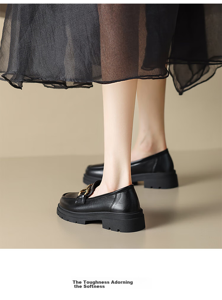 ZHR Women's Loafers, Soft-Soled Versatile Round-Toe Leather Shoes, British Style Chunky Heel Women's Shoes, OFTEP06, Black, Size 38 9