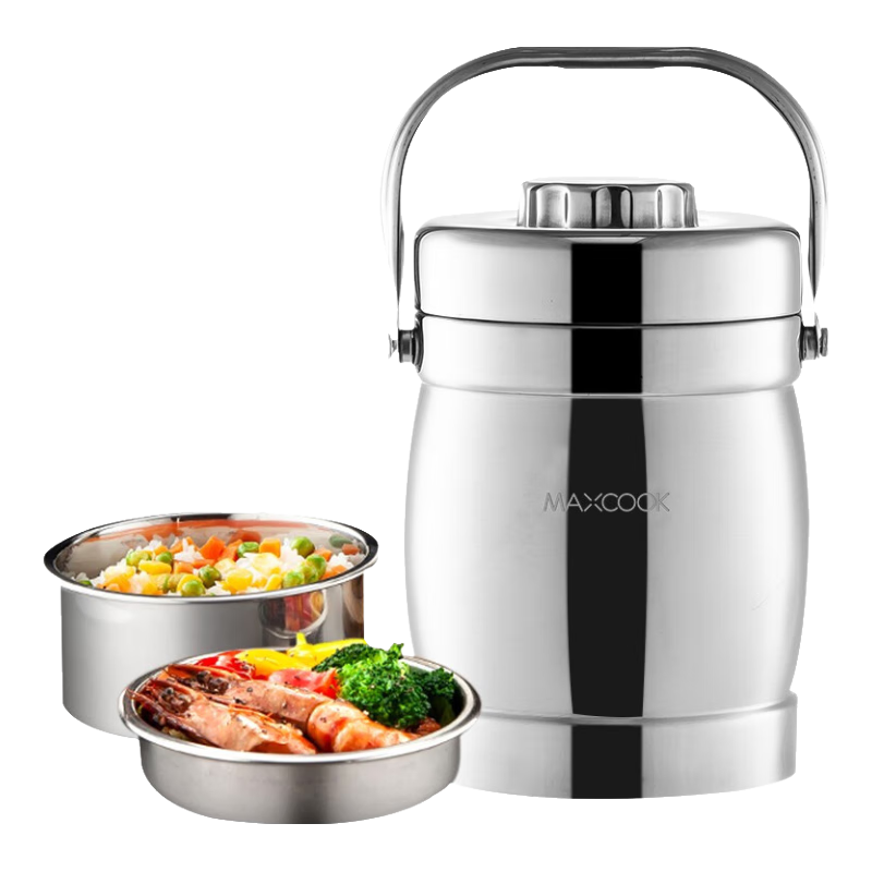 Maxcook 304 Stainless Steel Insulated Food Container with Handle, 1.5L Double-Layer Drum-Shaped Portable Insulated Lunch Box MCST-1.5