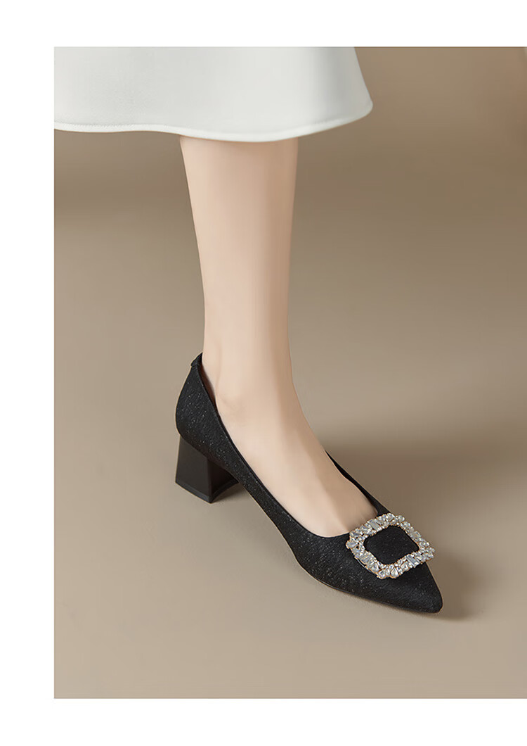 Josiny Rhinestone Square Buckle Pointed Toe Slip-On Chunky Heel Fashion Shoes, Spring Stylish Versatile Elegant Women's Pumps, Light Gold, Size 37 11