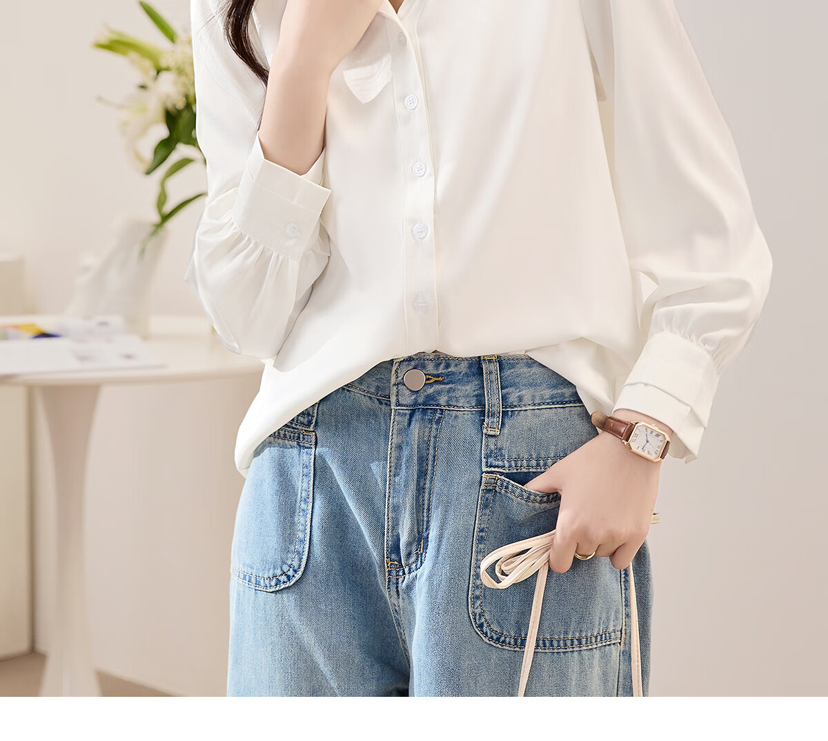 Chushen Long-Sleeve Satin Blouse for Women, Stylish Professional Commute Casual White Shirt S43S002 Size M 23