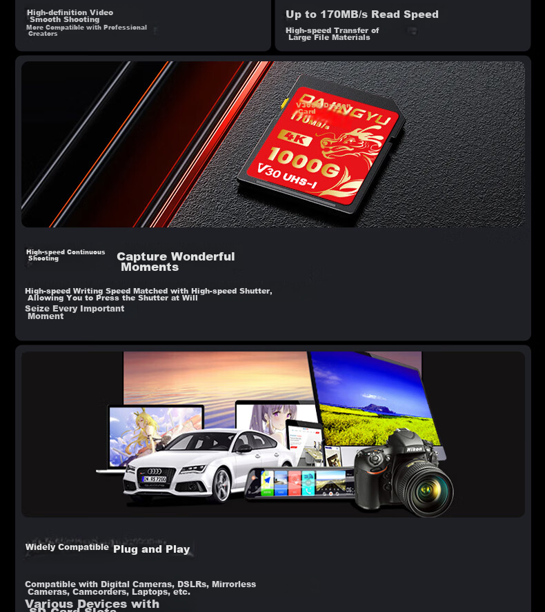DAJINGYU Whale SD Card V30 256GB Camera Memory Card Storage Card High-Speed DSLR Storage Card Suitable for Sony A1/ZV-E1/A7M4 Nikon Canon Fuji Panasonic 3
