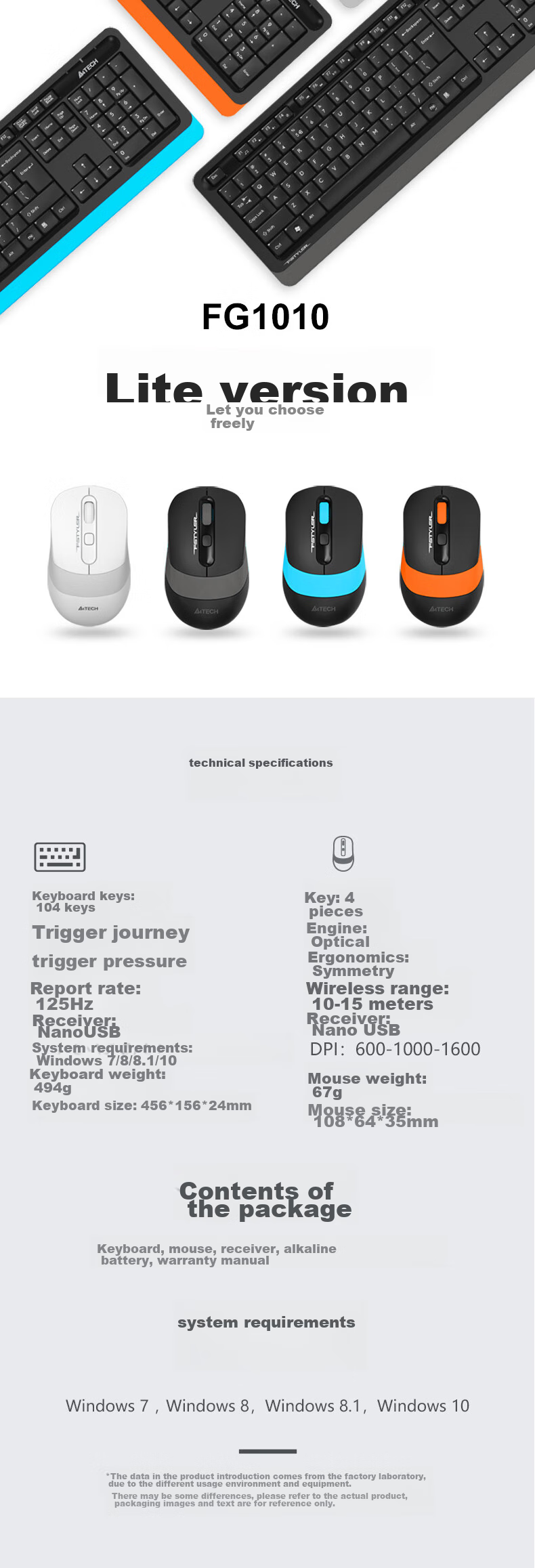 A4TECH FG1010, 104-Key Wireless Keyboard And Mouse Set, Wireless Keyboard And Mouse Combo, Thin Film Keyboard for Office Use, Fei Shidai, Su Kong Hai, Wireless 8