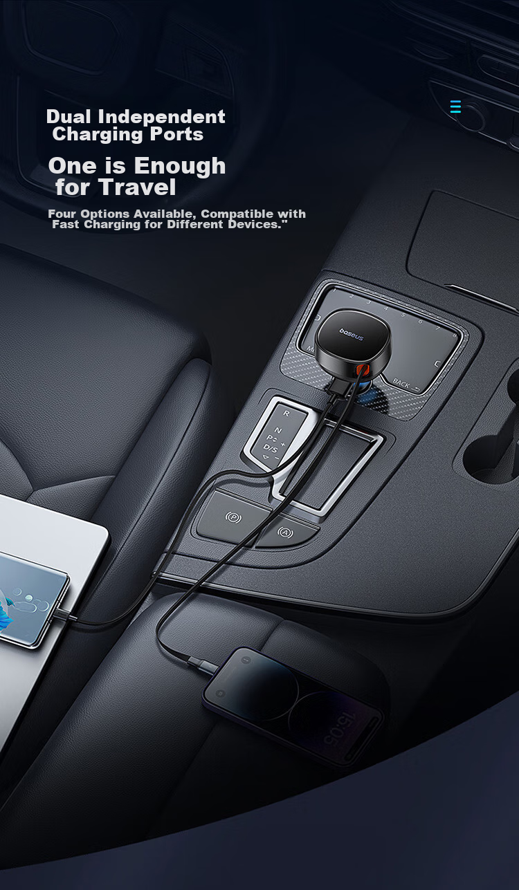Baseus Car Charger Cigarette Lighter Three-In Super Fast Charging Adapter with Retractable Cable Compatible with Apple, Huawei, Xiaomi 6