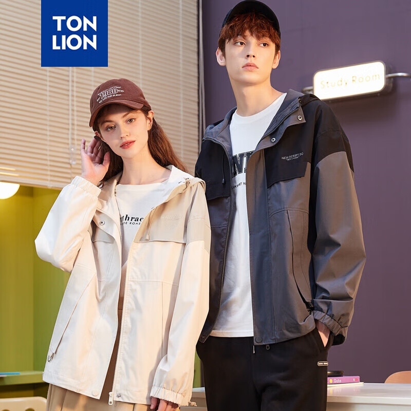 TonLion Spring And Autumn New Men's Jacket, Patchwork Hooded Outdoor Coat, Loose-Fitting Versatile Workwear Jacket