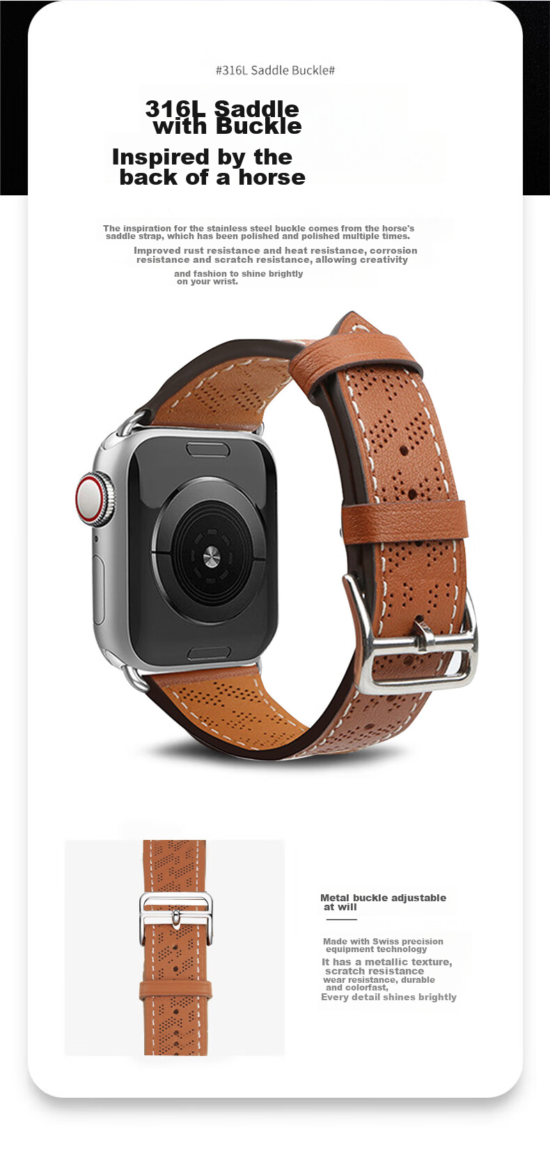 MSSM Compatible Apple Watch Band, Hermes Style IWatch S12 Genuine Leather Folding Buckle Strap, Ultra4/S11/10/Se3 Micro-Hole Light Brown, 44-49 12