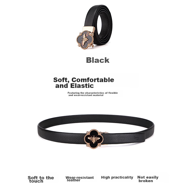 CROCODILE Top-Grain Genuine Leather Versatile Women's Automatic Buckle Belt, Exquisite Bee Buckle Waist Belt, 12821 Black 2