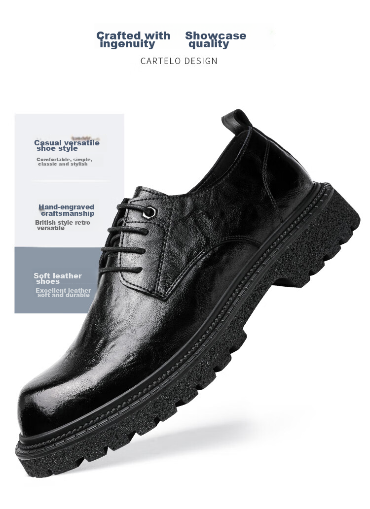 CARTELO CARTELO Hand-Grabbed Cowhide Men's Shoes, Thick-Soled Heightening Shoes, Business Casual Leather Shoes for Men, 9790 Black, Size 44 8