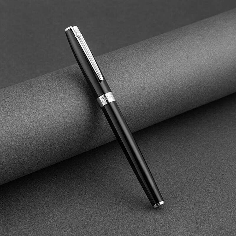 Pimio Calligraphy Fountain Pen with Bent Nib And Tapered Tip for Men And Women, Adult And Student Use, Fine Nib 1.0mm, 717 Bright Black with Silver Clip