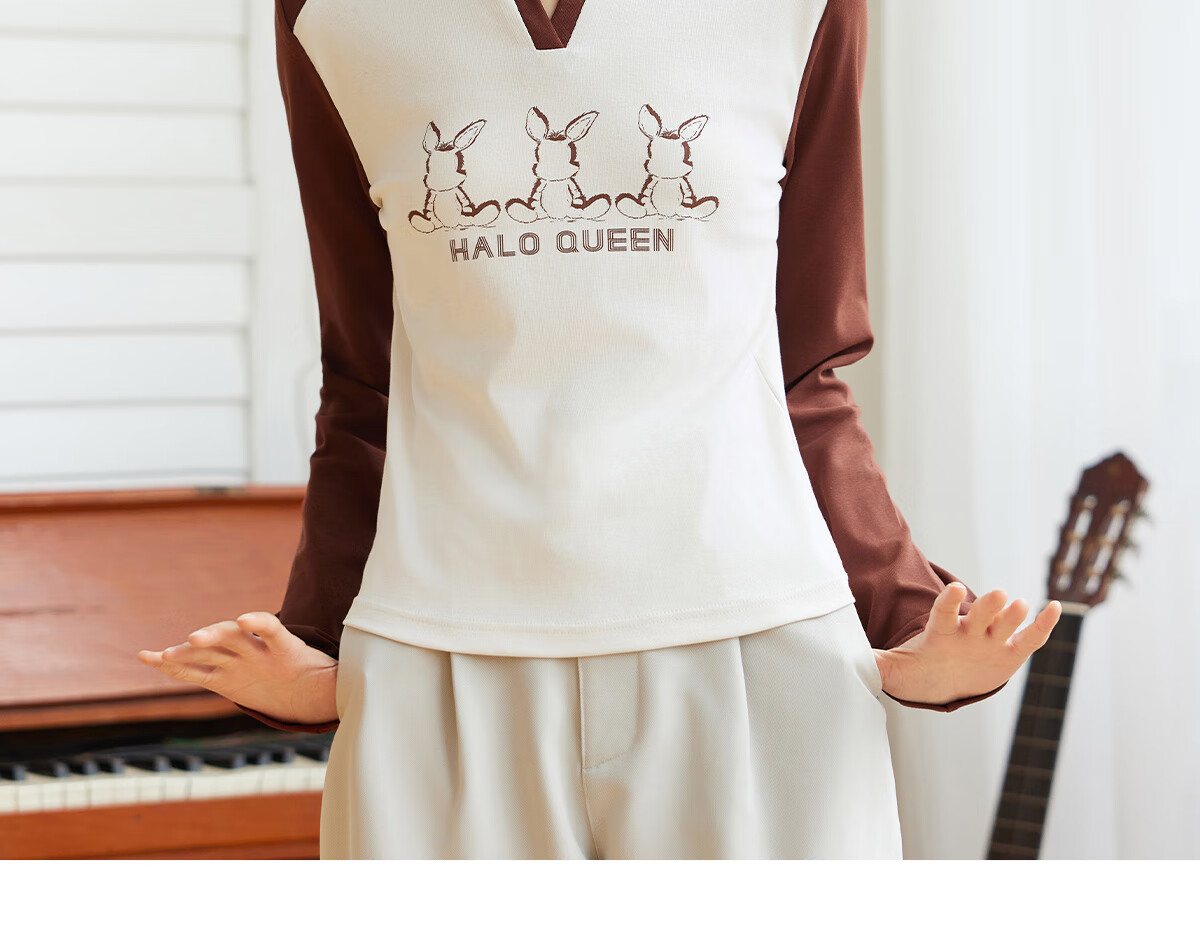 Halo Queen Long-Sleeve T-Shirt for Women, Wilderness Maillard Style Spring And Autumn Raglan Sleeve Rabbit Base Shirt Casual New Product H143T2017 37