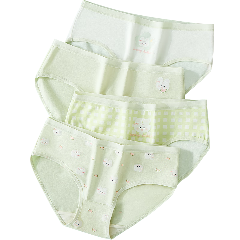 LangSha Children's Underwear, Girls' Antibacterial Triangle Panties, for Young And Older Girls, Green Rabbit Design, Size 160