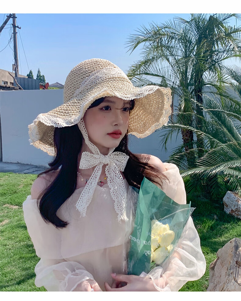 FitonTon Women's Summer Sun Hat Beach Outdoor Straw Hat Korean Style Travel Sun Hat with Tie Hollow Lace Edge Straw Braided Hat 21