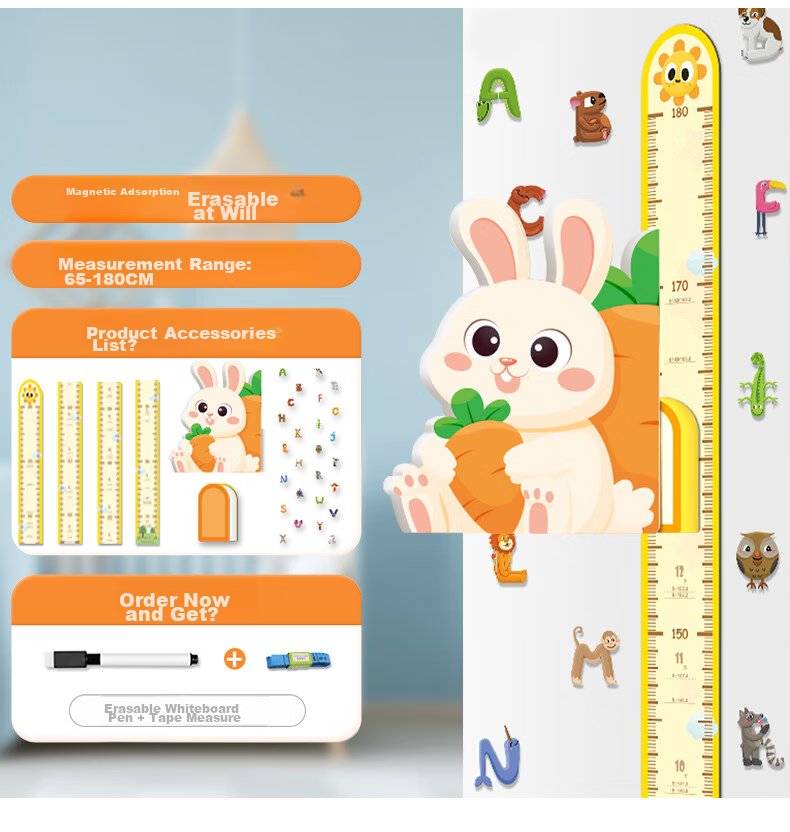 Modouyu Height Chart, 3D Cartoon Rabbit Design, Removable Living Room Baby Height Sticker, Decorative Wall Decal 5