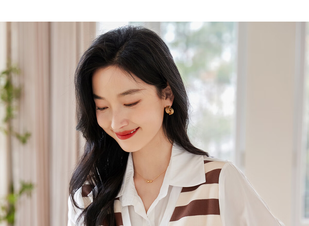 Chushen Thin Long-Sleeve Blouse for Women, Stylish Faux Two-Piece Striped Casual Shirt Top S13QC2942 22