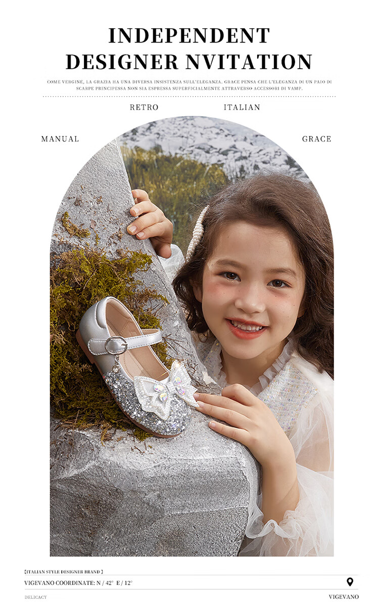 Snoffy Spring Leather Shoes for Girls, Princess Shoes for Older Children, Grit Crystal Shoes, Comfortable Children's Performance Shoes, Moonlight Silver, Size 27 1