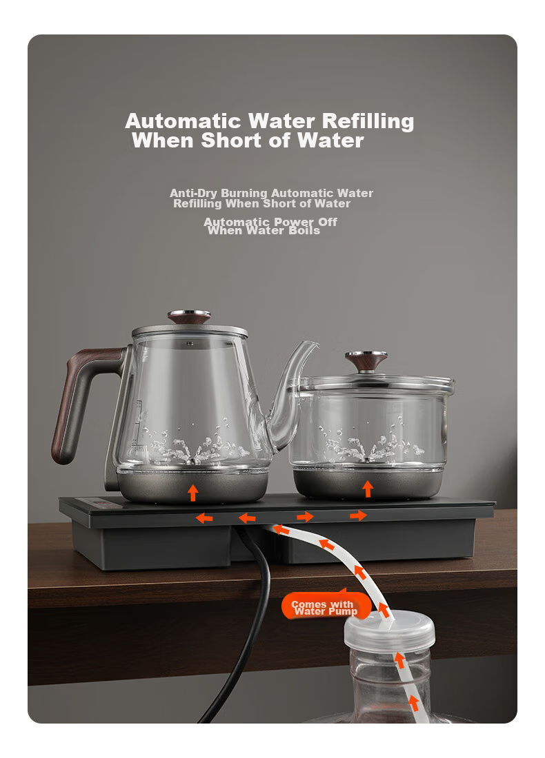 FUNORK Fully Automatic Electric Kettle with Water Inlet, Tea Table Kettle for Home And Office All-In Tea Table, Built-In Tea Set Electric Tea Stove Set RY-10 Titanium Gray Clean Versio 6