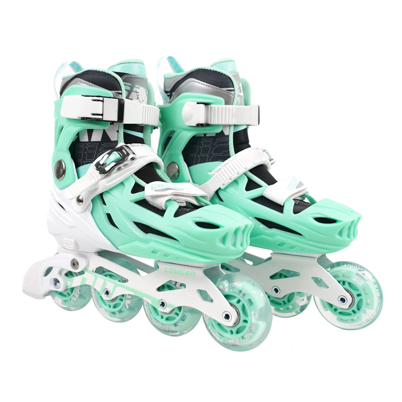COUGAR Adult Adjustable Full-Flash Roller Skates, Flat Floral Casual Dual-Purpose Inline Skates, Green And White, XL (Size 40-43)