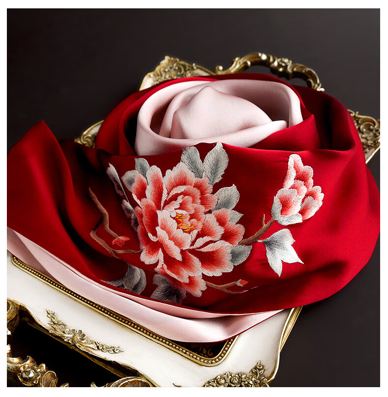 Hangsi Mansion Su Embroidery Silk Scarf Shawl Mulberry Silk Luxury Set Birthday Holiday Gift for Mom - Butterfly Green 3