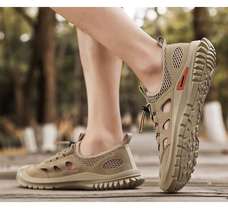 Huili (Warrior) Beach Sandals for Men, Perforated Shoes, Hollow-Out Closed-Toe Beach Shoes, 1018 Khaki Color, Size 43 11