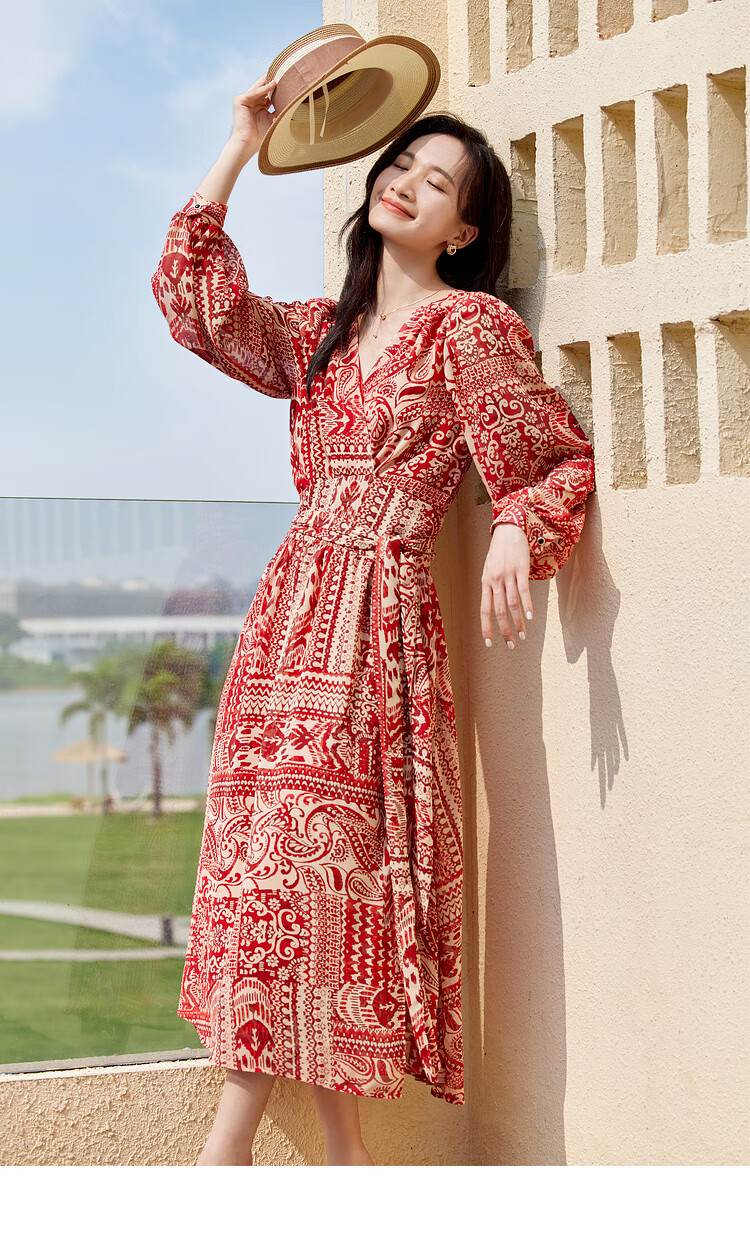 Sentubila Spring And Autumn Mid-Length Floral Print Red Dress, Elegant Goddess Style Slimming Vacation Dress, Red Floral Pattern, Size S 25