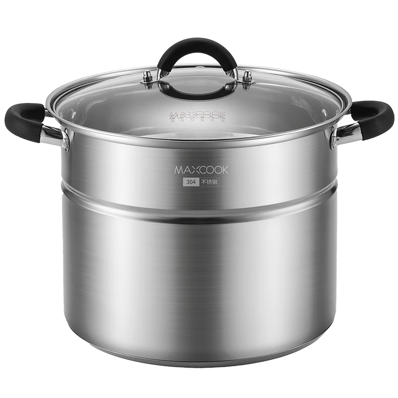 MAXCOOK Soup Pot, 304 Stainless Steel, Double-Layer Steamer Pot with Bottom Layer for High Soup, 26cm, Compatible with Induction Cooker, Includes Steaming Rack MCZ3232