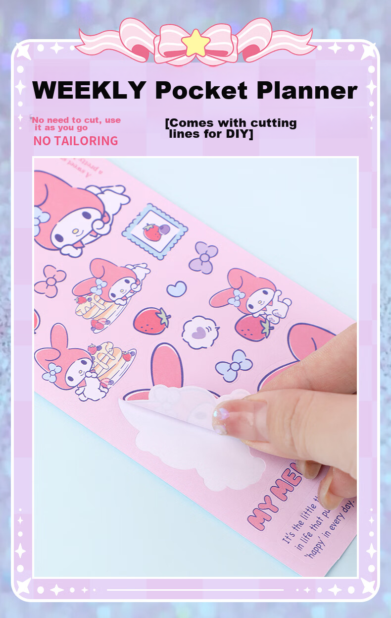 GuangBo X Sanrio Weekly Pocket Planner, Melody Stickers, Student Notebook, Compact And Portable Journal, 80*156mm, 77 Sheets, KT81376 Gift Set 4
