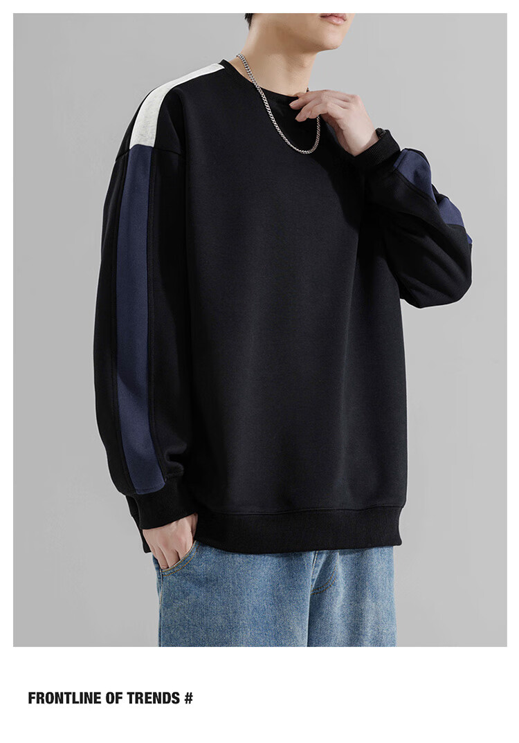 Foss Phil Crew Neck Sweatshirt for Men, Spring And Autumn Loose Casual Patchwork Color-Block Trendy T-Shirt Top 8883 Black M 12