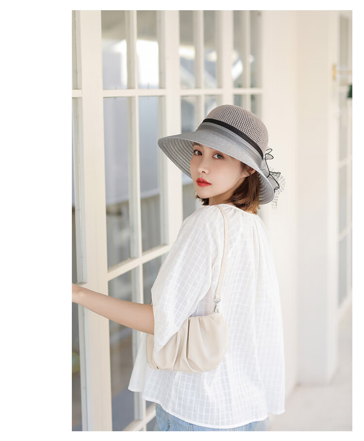GLO-STORY Organza Women's Sun Protection Hat Lace Pearl Elegant Breathable Straw Top Fisherman Hat for Outings 13