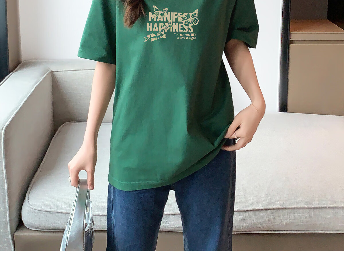 Halo Queen Women's Short-Sleeve T-Shirt, Summer Undershirt, Inner Layer Top, Trendy Letter Print, Loose-Fitting T-Shirt, H143T1418 55