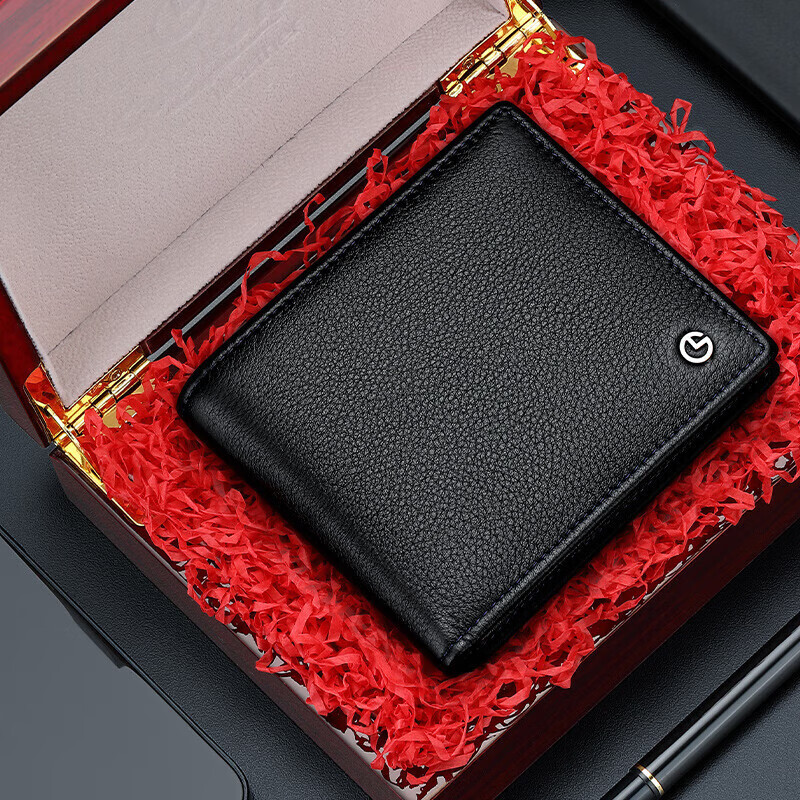 Goldlion Men's Wallet, Short Bifold Leather Wallet with Multiple Card Slots, Wooden Gift Box Billfold, Birthday Gift