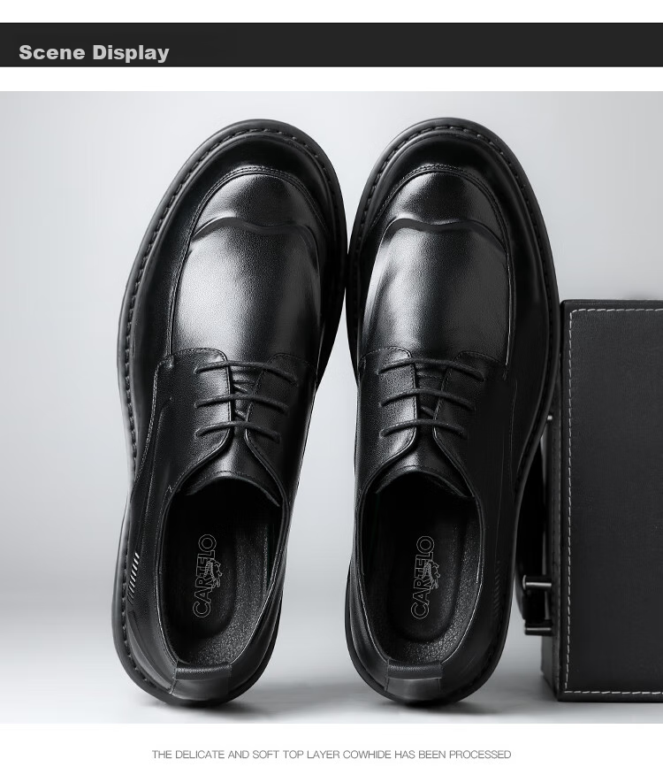 CARTELO Top-Grain Leather British-Style Chunky Men's Shoes, Business Casual Men's Leather Shoes, Thick-Soled Height-Increasing Shoes for Men, 9726 Black, Size 39 11