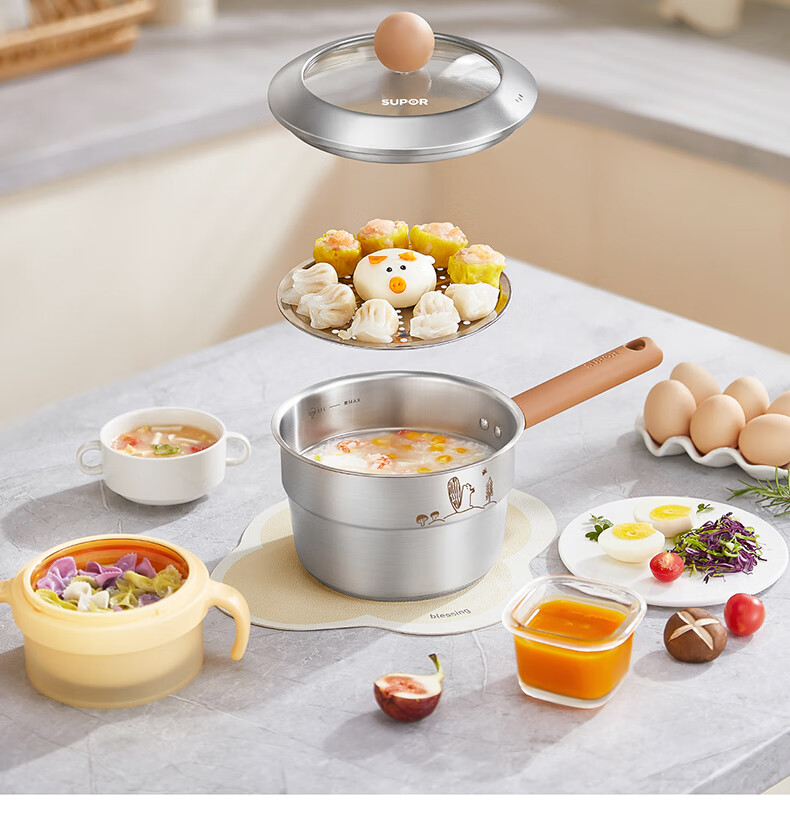 SUPOR Milk Pot, Baby 316L Stainless Steel Food Pot, for Baby Noodles, Hot Milk, Soup Pot, Compatible with Induction Cooker, 18cm 5