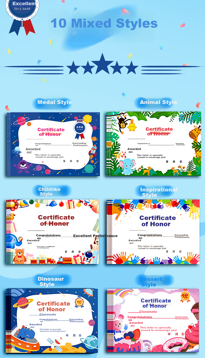 Jinzhi 100 Sheets/10 Styles Blank Certificate Paper, A4 Size, Printable, Cute Cartoon Design, for Primary School Students, Kindergarten Graduation, Children's Full Attendance, Baby Commendation Letter, Three Good Student Honor Certificate 2