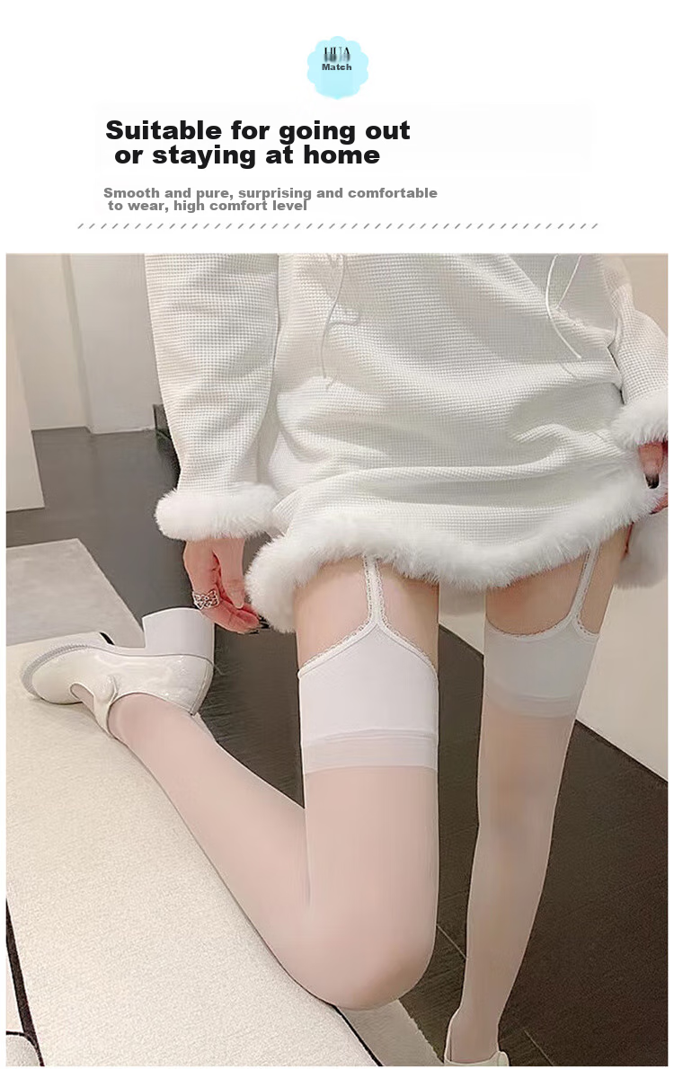 LangSha Sexy One-Piece Suspender Stockings, Ultra-Thin Black Silk Thigh-High Lace Pure Desire Over-Knee Slimming Socks, White, One Size Fits All 8