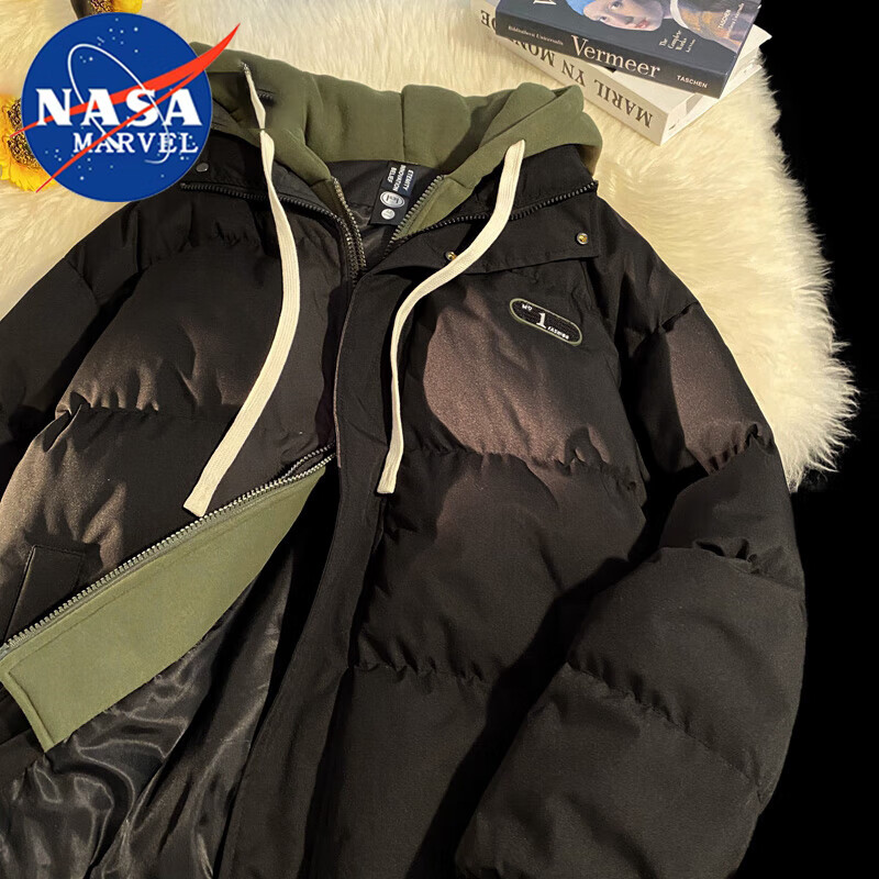 NASA MARVEL Men's Padded Cotton Jacket Winter Coat Trendy Two-in-One Hooded Couple's Puffer Jacket Light Blue 3XL