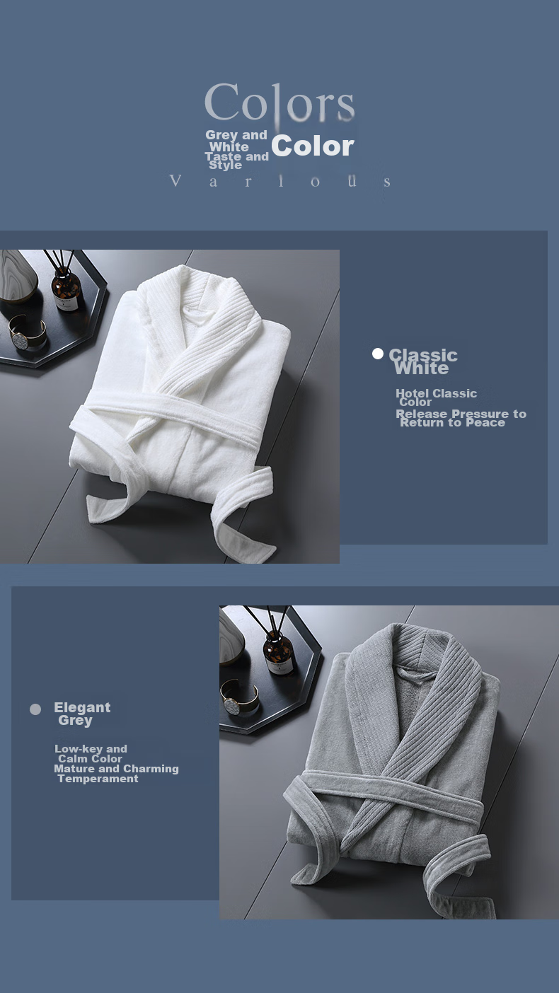 Canasin Five-Star Hotel Pure Cotton Bathrobe, All-Cotton Absorbent Couple Adult Bathrobe Sleepwear Long Style, Elegant Gray, L 9