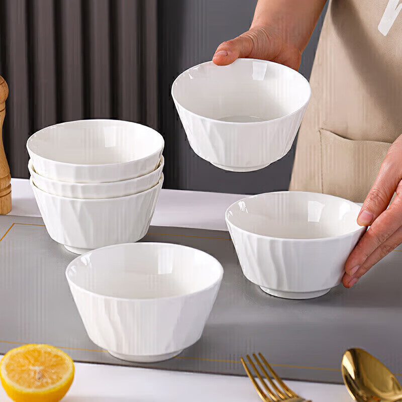 Jieyajie Rice Bowl, Chinese Underglaze Color, 4.5-Inch Ceramic Bowl, White Porcelain Small Bowl, Household Set of 6 Pieces, White Glass