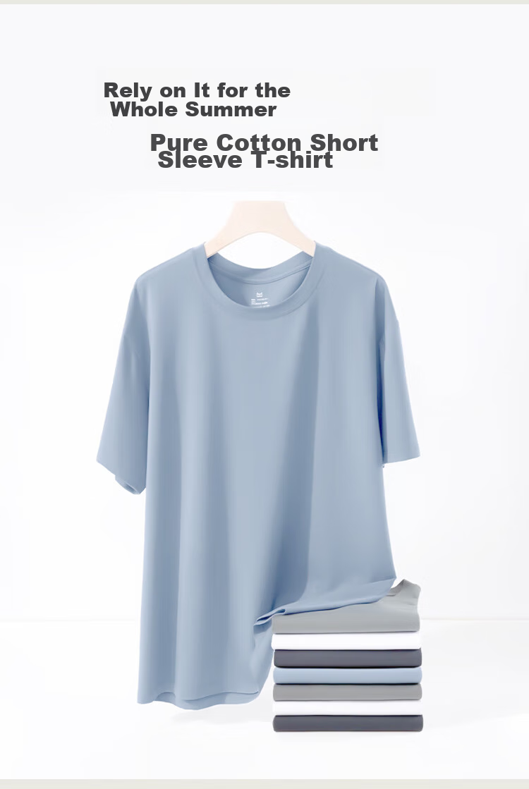 MiiOW [230g Heavy Pure Cotton Antibacterial] Men's Short-Sleeve T-Shirt, Spring And Autumn Inner Layer Undershirt, All-Cotton Round Neck, Blue, 2XL 12