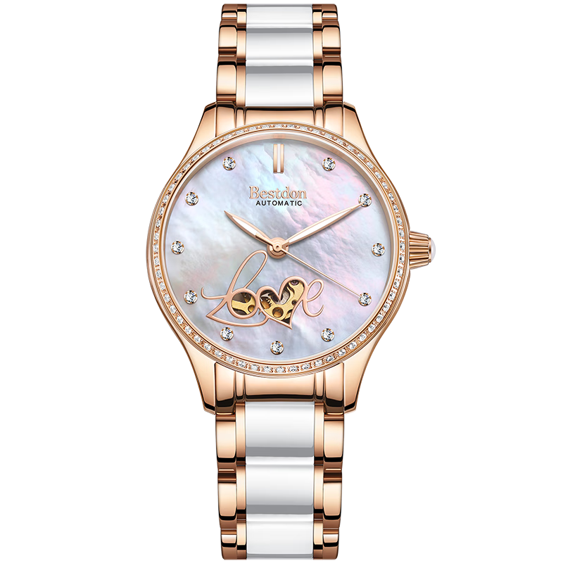 Bestdon Ladies' Fully Automatic Mechanical Skeleton LOVE Wristwatch, Luxury Gift Box for Women, Present for Girlfriend