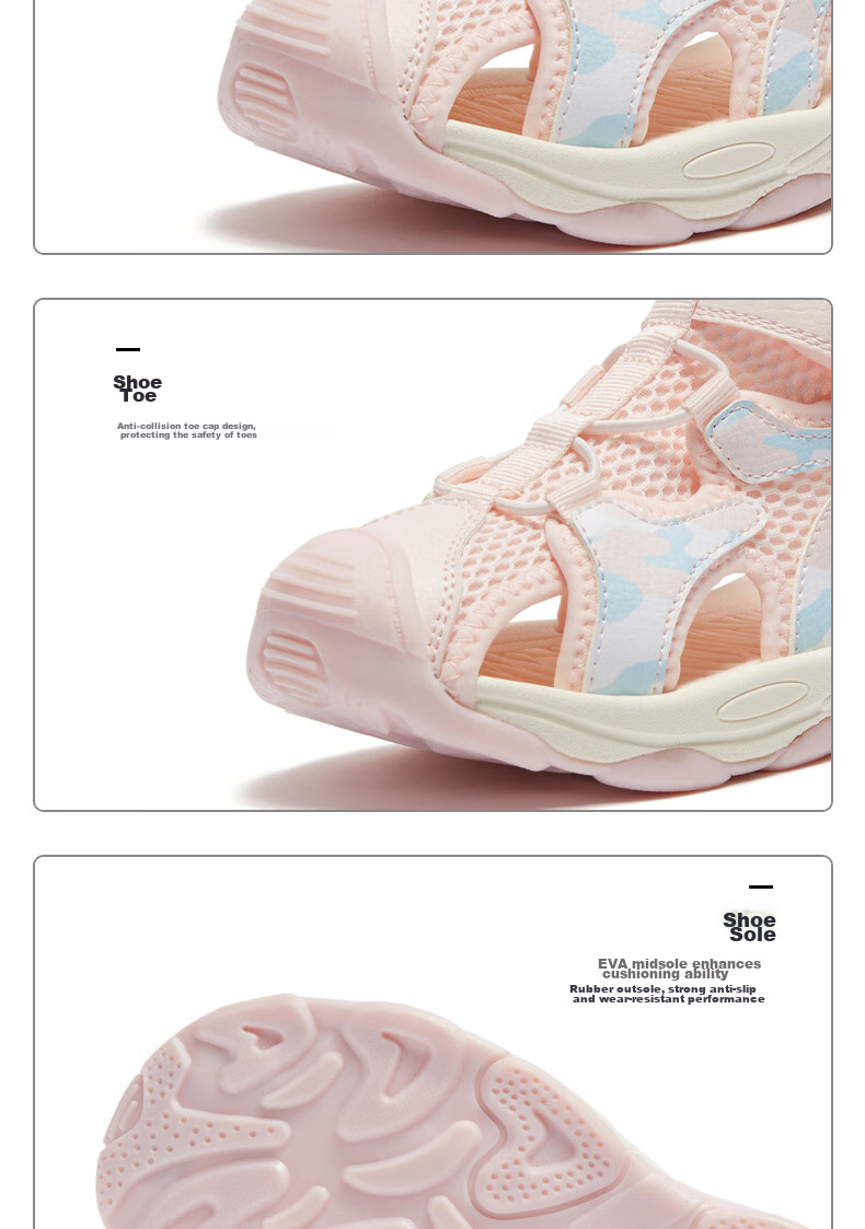 361° Children's Sandals, Summer 2026, for Boys And Girls Aged 3-12, Breathable, Anti-Collision, Closed-Toe Beach Sandals, Pink, Size 30 19
