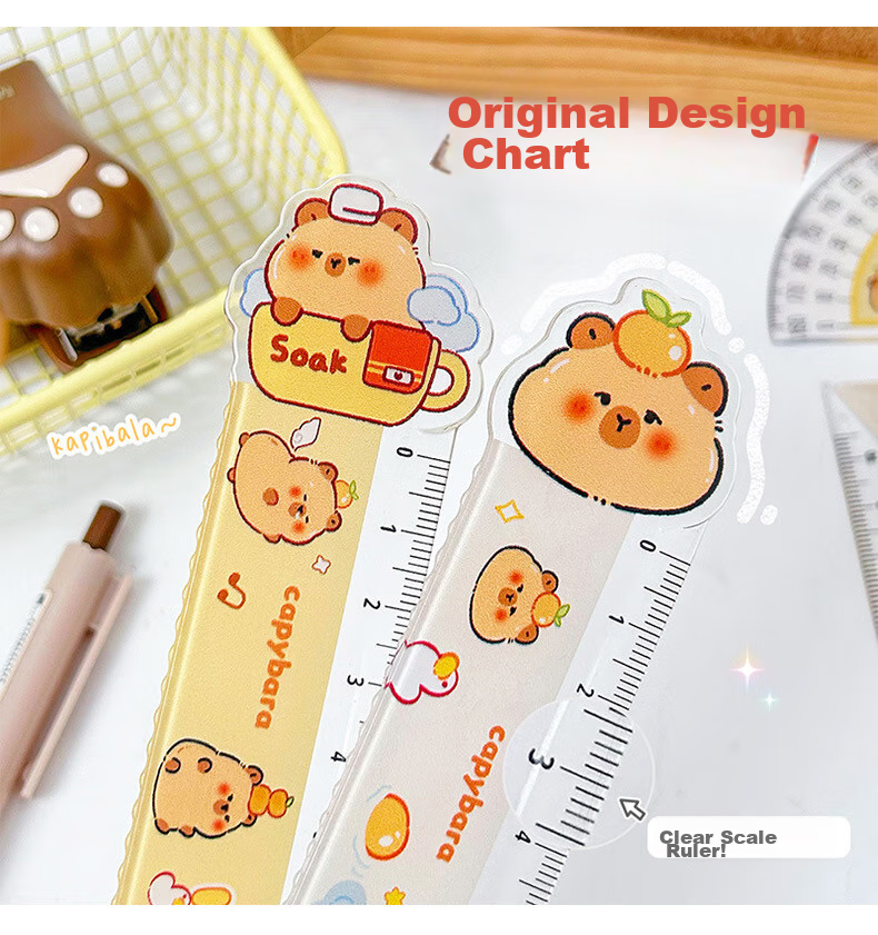 Touch Fish Student Ruler Set, Capybara Ruler Set, Cute Water Deer Ruler Set, Stationery Student High-Quality 15cm Scale Ruler, Back-To Four-Piece Set, Yellow Water Deer 4