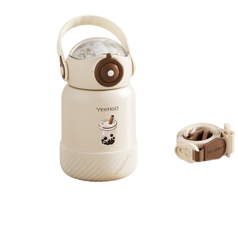 YEEHOO Insulated Cup, Children's Water Bottle, Baby Thermos, 316 Stainless Steel Insulated Cup, Straw Cup, Travel Mug - Milk Tea White